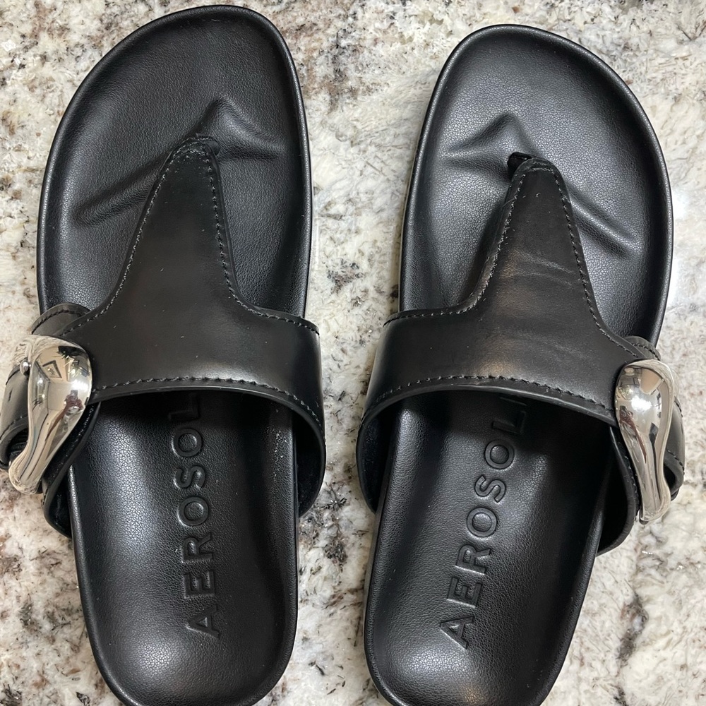 AEROSOLES Black Sandals with Metallic Accent